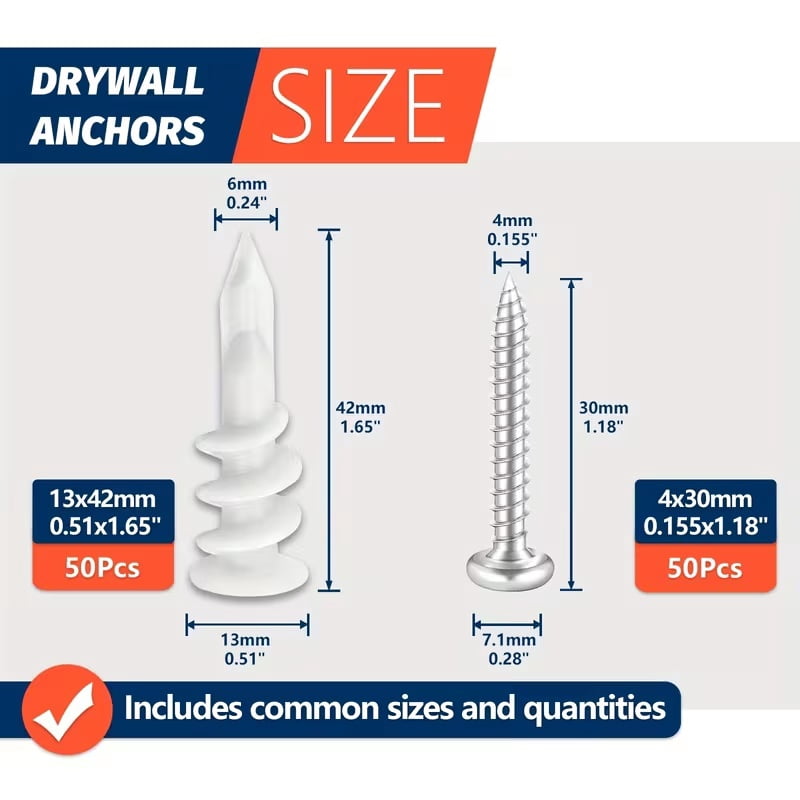 100-Piece Self-Drilling Drywall Anchors and Screws Kit - 50 Plastic Plaster Anchors & 50 #8 X 1-1/4'' Screws for 75LB Weight Capacity