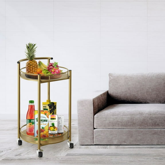 2 Tiers Bar Serving Cart Round Wine Cart with Handle, Metal Wine Rack and Casters, Serving Bar Trolley for Home Kitchen,Living Room,Christmas,New Year