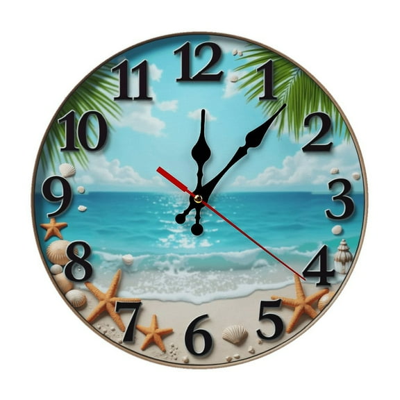Sea Ocean Beach Wall Clock 10 Inch Silent Non Ticking Round Wooden Clock Decoration for Living Room Kitchen Bedroom Bathroom Office Classroom
