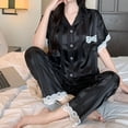 thumbnail image 2 of BaoFuBaoMei Satin Pajamas for Women Plus Size 2 Piece Short Sleeve Button up Lounge Set Collared Top and Pants Pjs Lace Trim Striped Sleepwear, 2 of 5