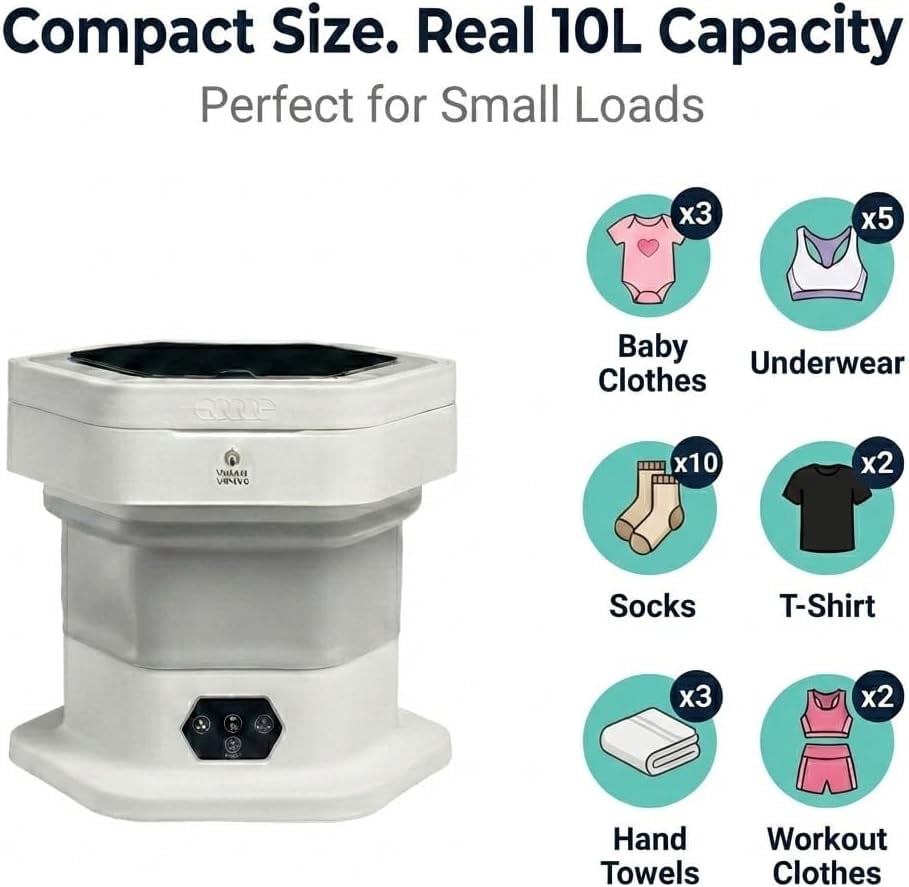 Portable Folding Washing Machine, 12L Mini Washer for Baby Clothes, Underwear, Delicates - Foldable, Quiet, Space-Saving Laundry Machine for Travel, Dorms, Apartments, Camping, Small Loads