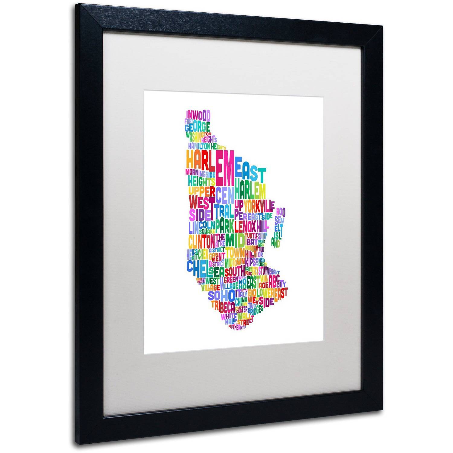Trademark Fine Art 'Manhattan New York Typography Map' Canvas Art by Michael Tompsett, White Matte, Black Frame