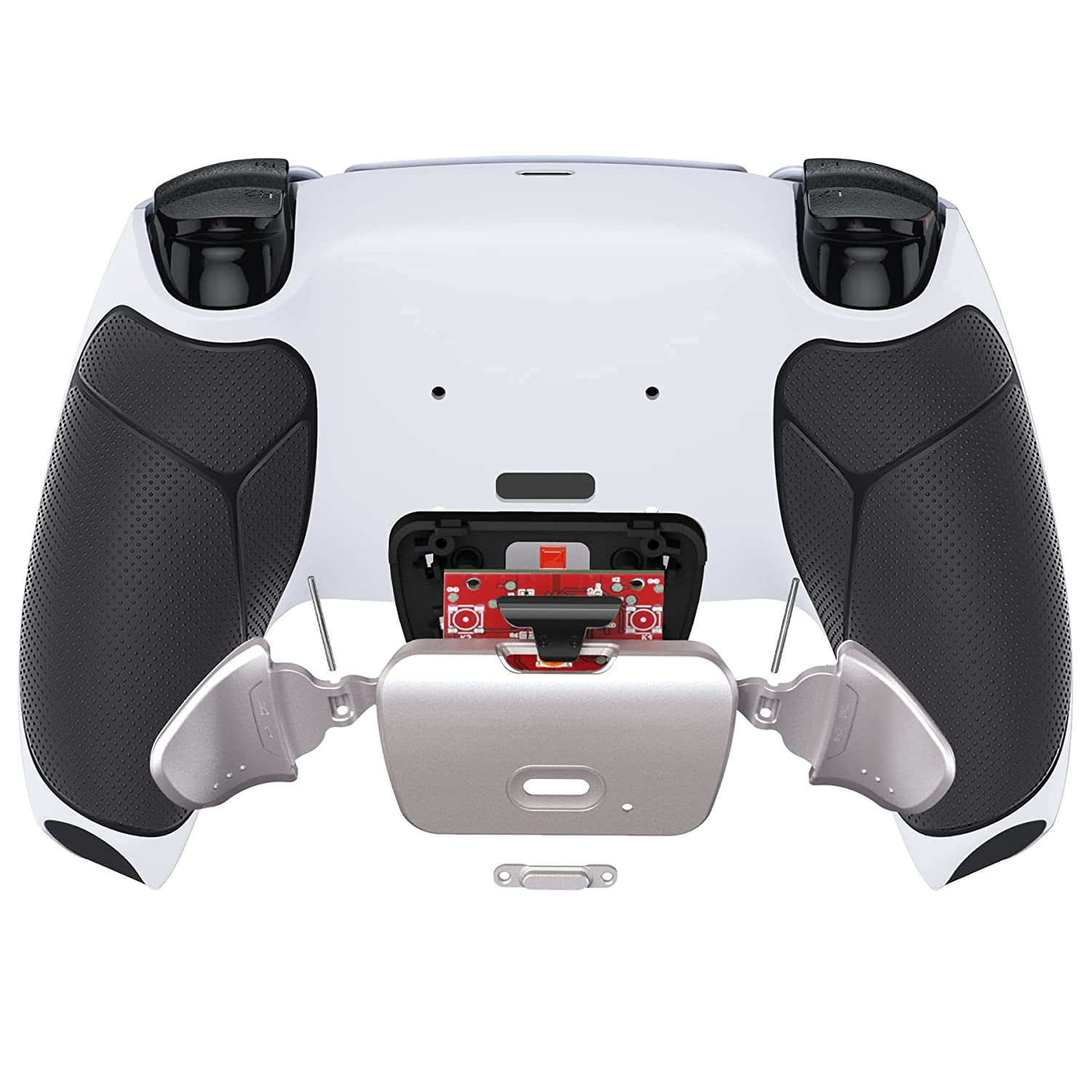 eXtremeRate Silver Real Metal Buttons Kit w/Black Rubberized Grip White Back Shell Upgraded Back Buttons for ps5 Controller BDM-030/040