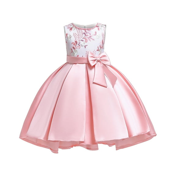 WREESH Toddler Girls Birthday Party Gowns Pearl Embroidery Bowknot Flowers Dress Kids Solid Color Dresses Baby Clothes Pink