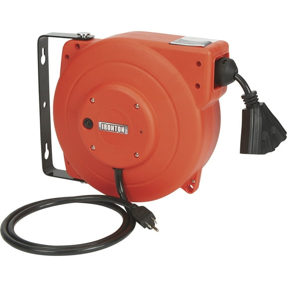 Ironton Retractable Extension Cord Reel with Triple Tap, 40ft., 12/3 SJT Cord, 15A