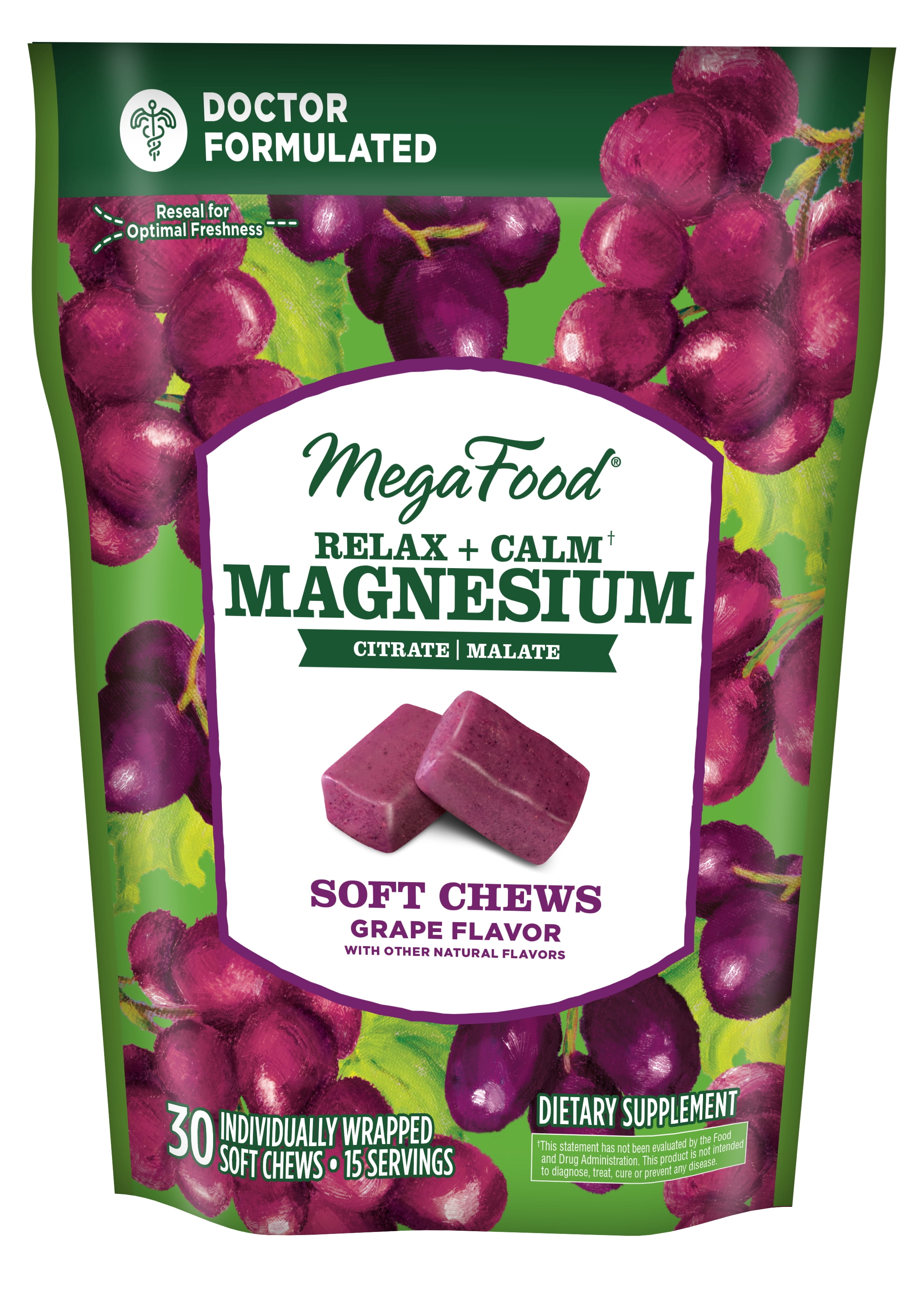 MegaFood Relax + Calm Magnesium Soft Chews - Citrate & Malate - Grape Flavor - 15 Servings