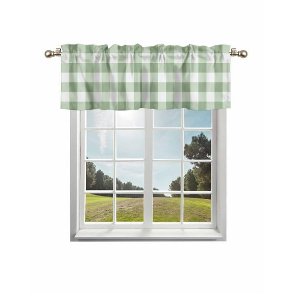 Sage Green Buffalo Plaid Kitchen Curtain Valances for Windows Farmhouse Short Curtains, Green White Checkered Farmhouse Rod Pocket Valance Curtain for Bedroom Cafe Living Room 56"x16"