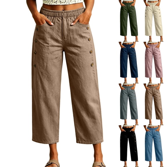 Women's Straight Leg Capri Pants Elastic Waist Cotton Blend Lounge Khaki Loose Fit Cropped Pants with Pockets Size L