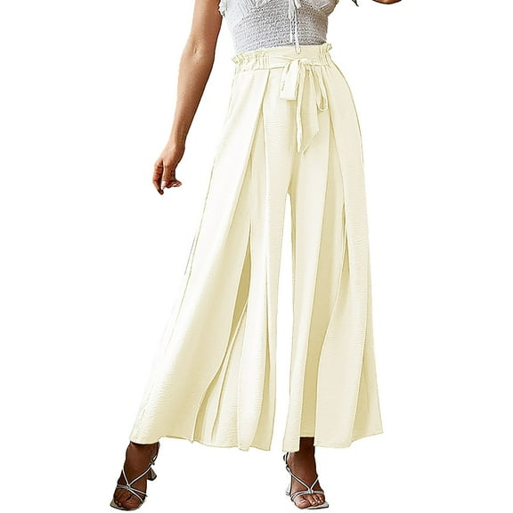 snowsong Women's Pants Wide Leg Pants Woman Women's Pure Color Bow Split High Waisted Belted Flowy Wide Leg Pants Women Waist Cotton Casual Pants Sweatpants Women Beige L