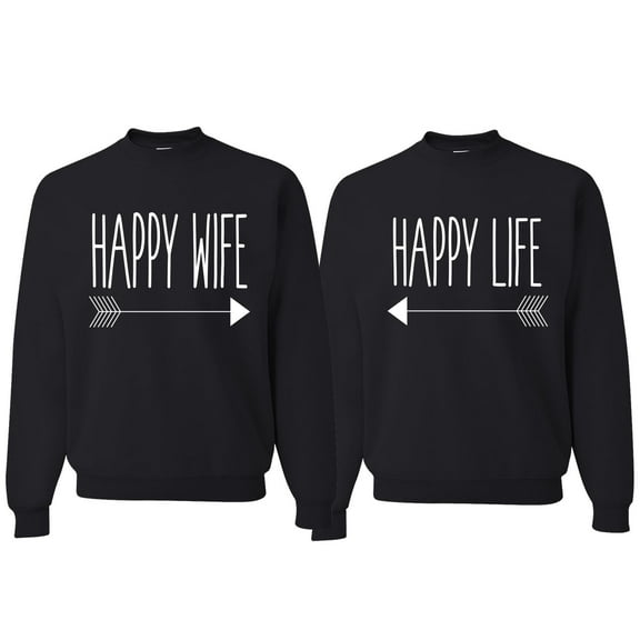 Wild Bobby, Happy Life Happy Wife Valentines Day Outfit His and Hers Matching Couples Crewneck Sweatshirts, Black, Mens S-Womens S