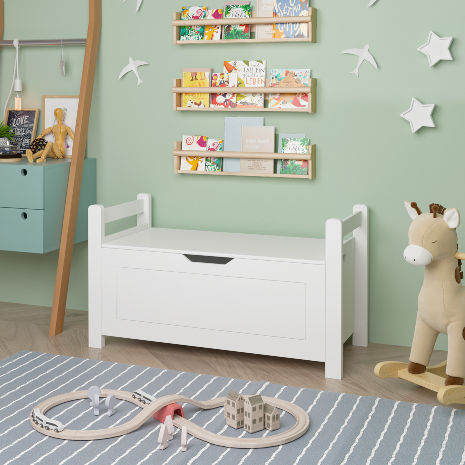 Kids Toy Box Chest, White Rubber Wood Toy Box for Boys Girls, Large Storage Cabinet with Flip-Top Lid/Safety Hinge, Toy Storage Organizer Trunk for Nursery, Playroom (White)
