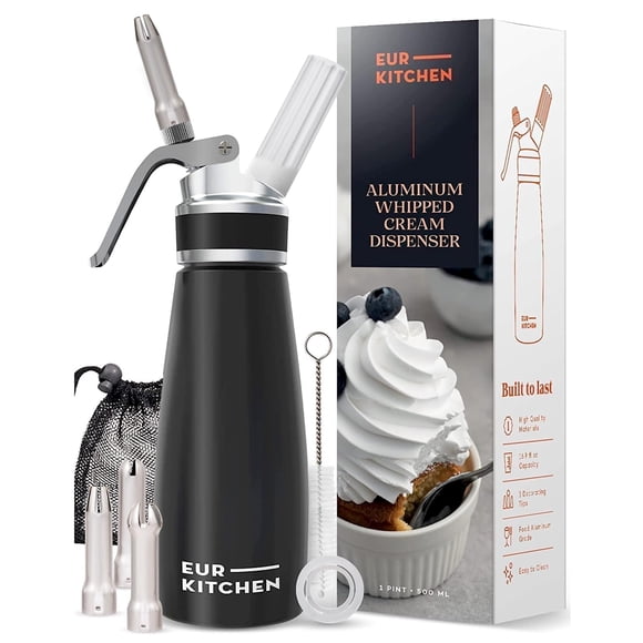 EurKitchen Professional Aluminum Whipped Cream Dispenser - Leak-Free Whip Cream Maker Canister with 3 Decorating Nozzles & Cleaning Brush - 1-Pint /