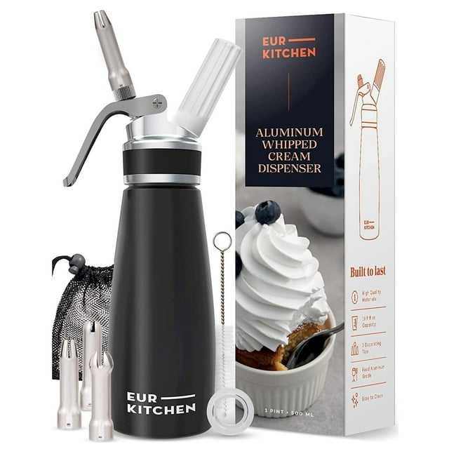 EurKitchen - Dispensador profesional de crema batida de aluminio, sin fugas, con 3 boquillas de decoración y cepillo para polvo de limpieza, 1 pinta/500 ml, cargador N2O (no inc EurKitchen NA