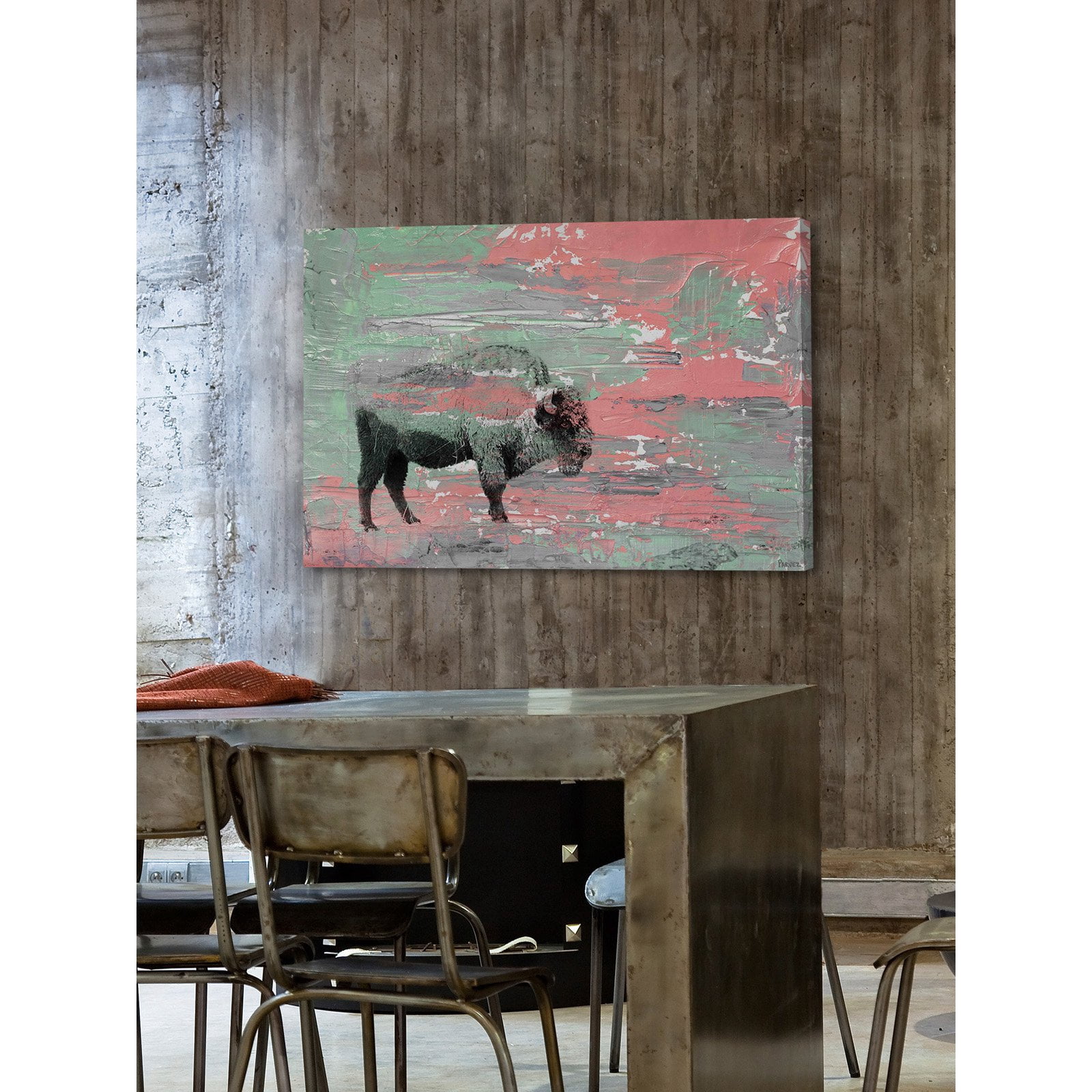 "Green Paint Buffalo" Painting Print on Wrapped Canvas