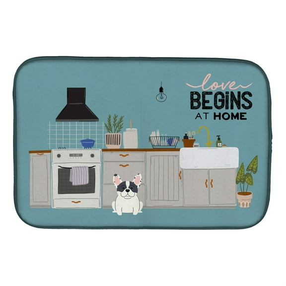 Piebald French Bulldog Kitchen Scene Dish Drying Mat