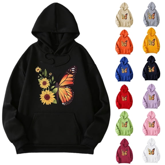 Womens Sunflower Butterfly Graphic Sweatshirts Hoodie Long Sleeve Loose Comfy Pullover Sweatshirt Fall Casual Basic Y2K Clothes