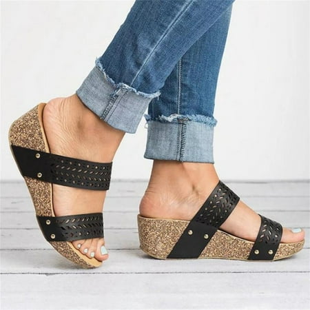 

ZXHACSJ Women s Summer Slip-On Wedges Hollow Out Beach Open Toe Breathable Sandals Shoes Black 37