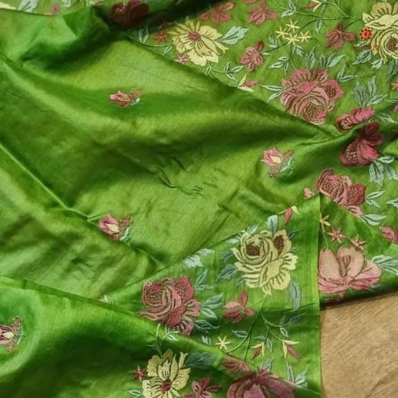 Green Pure Tussar Silk Embroidered Saree