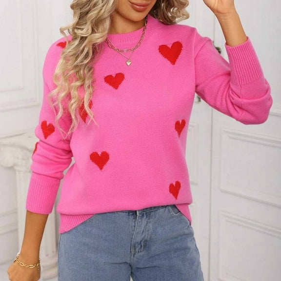 Qulqfy Crew Neck Women Sweater Knit Pullover Pink Going Out Valentines Long Sleeve Shirts Light Sweaters for Women Fall L