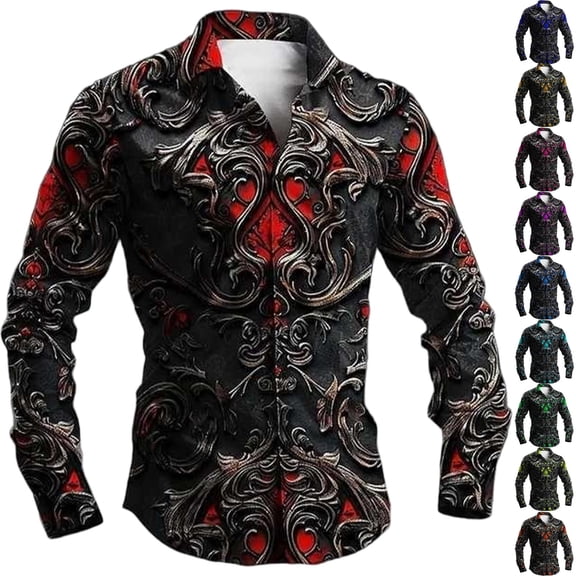 Sorvello Men's Gothic Print Long Sleeve Button Down Shirt Halloween Vampire Costume Casual Party Full Open Top for Men Blue L