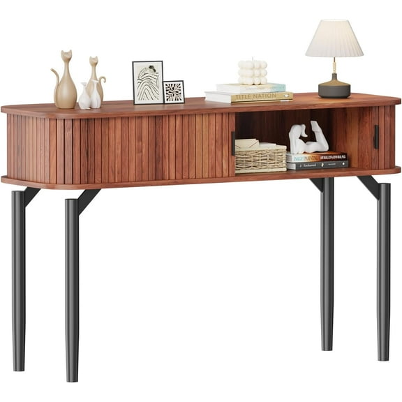 Narrow Entryway Console Table, 47" Sofa Table Behind Couch with 2 Drawers and Open Storage, Hallway Accent Tables for Living Room, Walnut