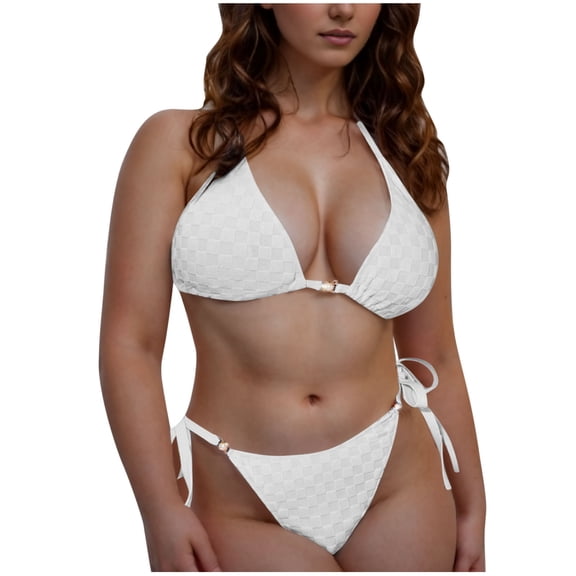 Puntoco 2025 Summer Beach Swim Bathing Suits Women's Split High Waisted Solid Color Swimsuit Conservative and Fashionable Bikini Swimsuit White 16-18(XL)