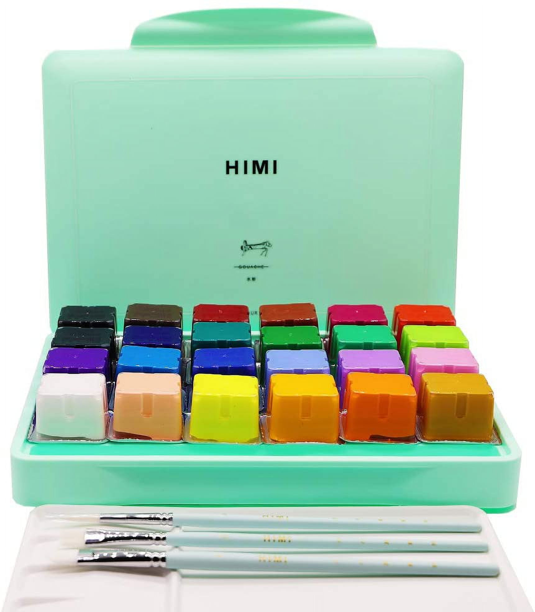 Himi Gouache Paint, 24 Color Paints Set, Jelly Gouache Opaque, Vivid, Smooth Gel Watercolor Paint Kit with Portable Case, 3pcs Brushes, Palette, Easy