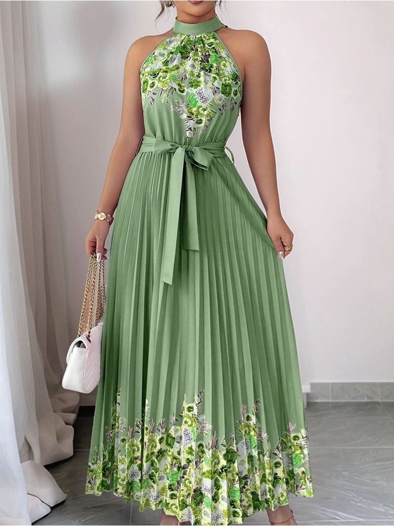 emerald green summer wedding guest dress Women Elegant Floral Halter Maxi Classy Pleated A Line Flowy Dress M Code: 26PN150PLM_GNI