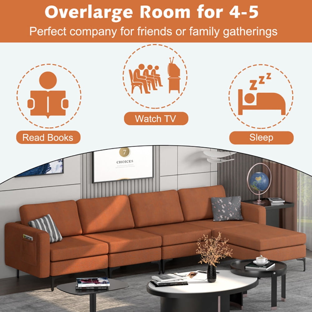 Finihen L-shaped Sectional Sofa Couch, Convertible Sectional Sofa, Modular L-shaped Sectional Sofa with Reversible Ottoman and 2 USB Ports, for Living Room, Orange Finihen L-shaped Sectional Sofa Couch, Convertible Sectional Sofa, Modular L-shaped Sectional Sofa with Reversible Ottoman and 2 USB Ports, for Living Room, Orange