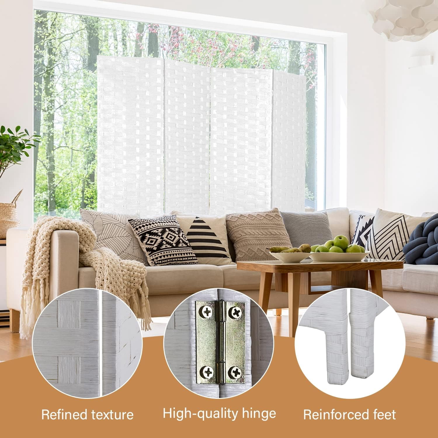 Dkelincs 4 Panel Room Dividers and Folding Privacy Screen Wooden Partition Wall Divider Portable Freestanding Privacy Wall, White