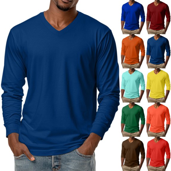 Men's Casual Long Sleeve V Neck Solid Color T-Shirt Top for Spring Fall Minimalist Style,Brown,L