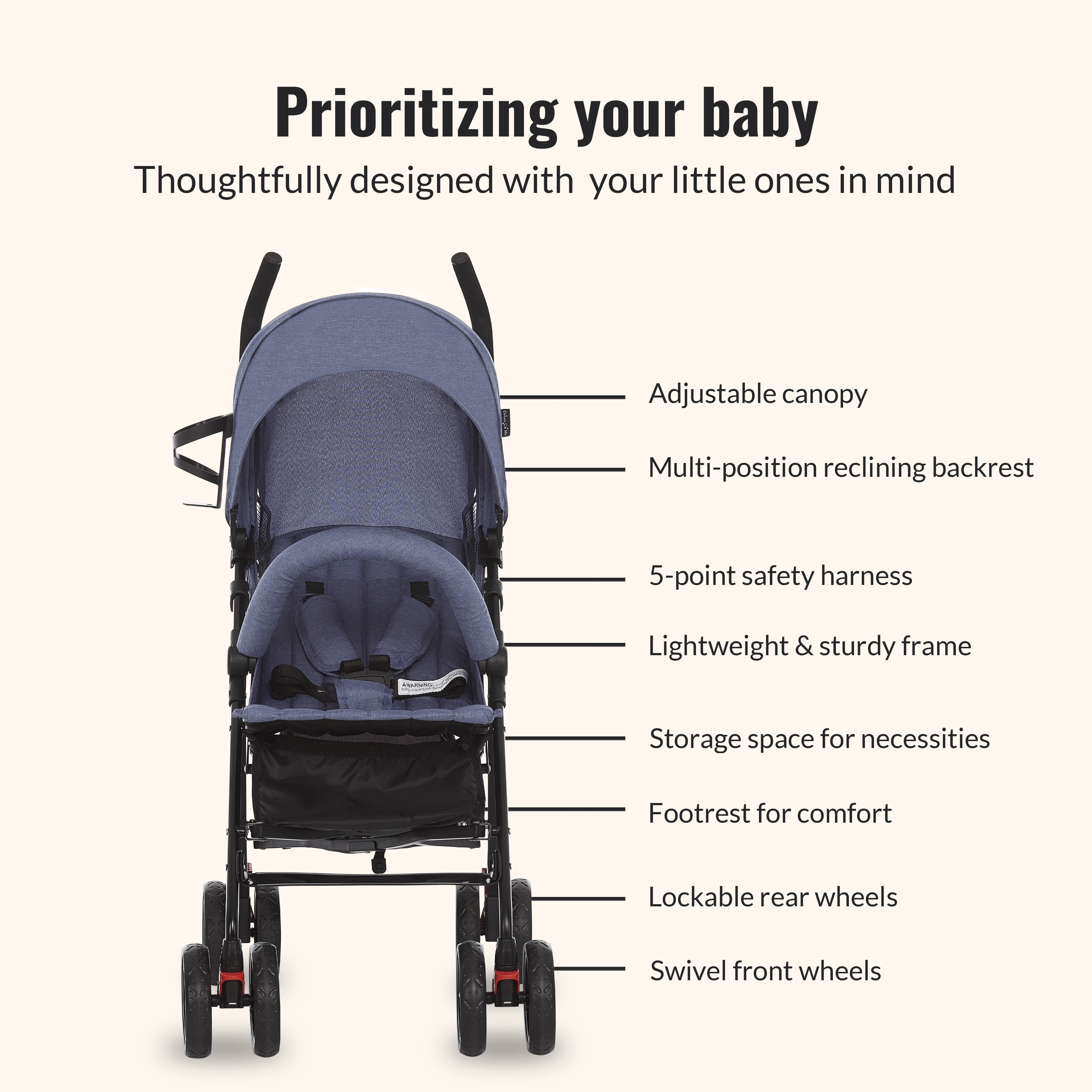 Dream On Me, Vista Moonwalk Stroller Light Weight Infant Stroller with Compact Fold Multi-Position Recline Canopy with Sun Visor Perfect for Traveling Theme Parks, Blue