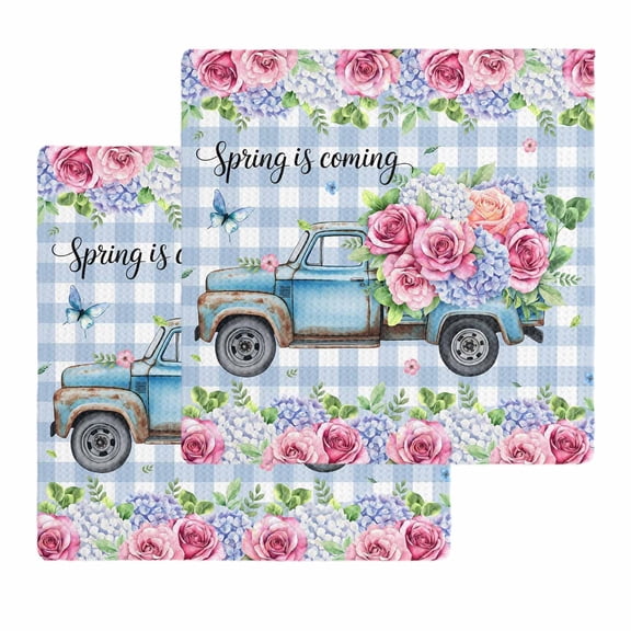 Spring Kitchen Dish Towels for Drying Dishes Set of 2, Truck Botanical Rose Leaves Blue White Plaid Waffle Weave Microfiber Hand Tea Bathroom Towels Quick Dry & Absorbent Towel 12x12
