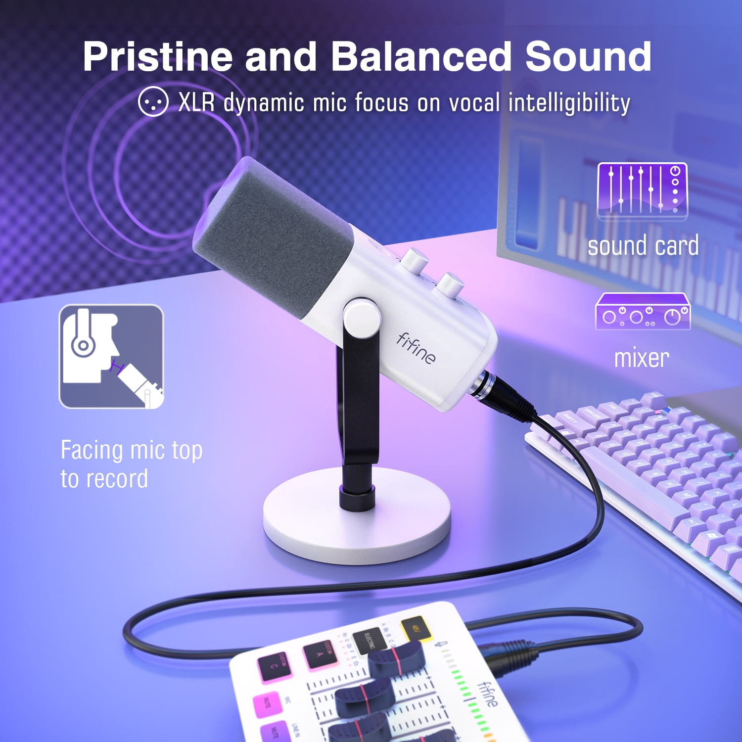 FIFINE AM8 XLR USB Dynamic Microphone for Computer PC PS5, Gaming/Streaming Mic with RGB, Headphone Jack, Mute, Gain Knob for Podcast, Music Recording, White