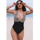 thumbnail image 4 of ABPHQTO Traje de baño sin espalda con cuello halter fruncido y empalme de leopardo para mujer, 4 of 5