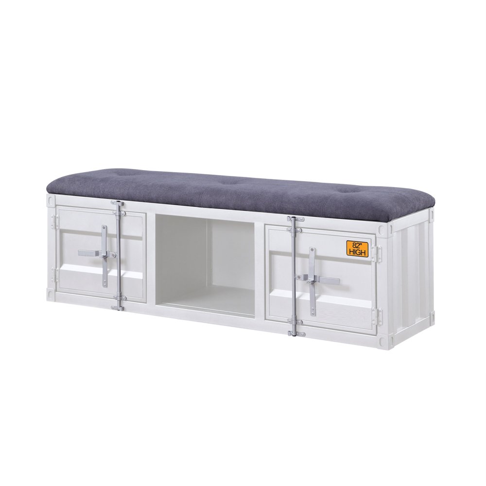 Metal Bench with Open Storage and Tufted Fabric Seat, White and Gray