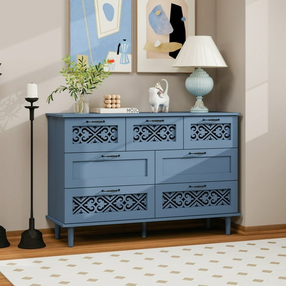 MINESTIA Modern Sideboard Buffet Cabinet, Carved Coffee Bar Cabinet with Solid Wood Foot Adjustable Shelves Credenza for Bedroom, Living Room, Study