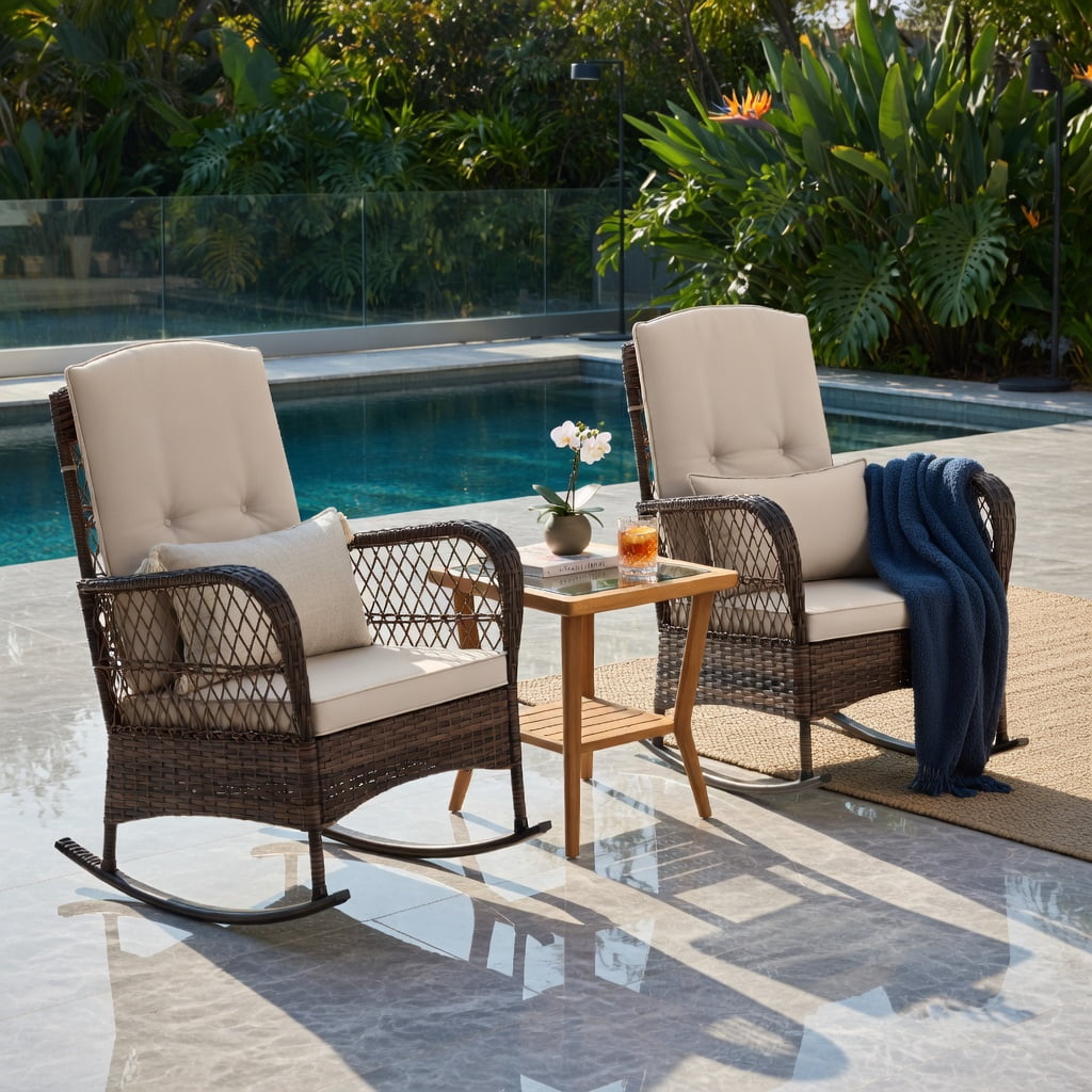 Hommoo 3-Piece Outdoor Rocking Bistro Set with 2-Tier Tempered Glass Coffee Table, PE Rattan, Brown