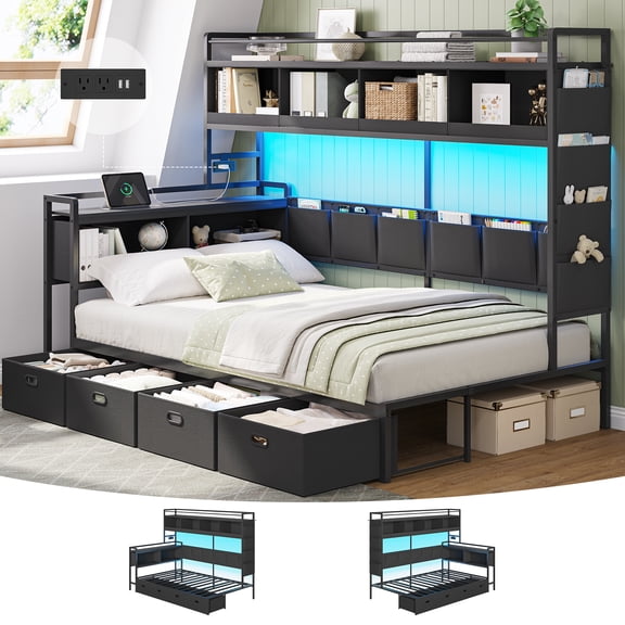 Corner Bed Frame with Tall Storage Bookshelf and Drawers, Twin Size Corner Daybed with LED Lights, Charging Station and 10 Storage Pockets, Twin Platform Bed Frame for Teens, Black