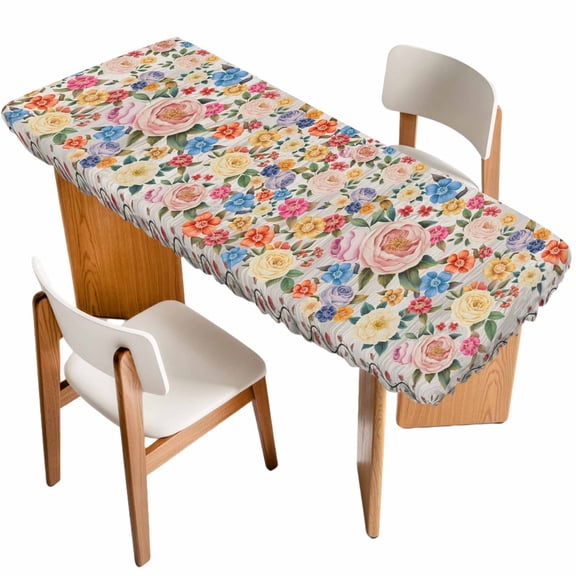 Boho Pink Flowers Table Cloths for 8 Foot Rectangle Tables, Colorful Floral Spring Vintage Botanical Patio Waterproof Elastic Fitted Tablecloths, Washable Rectangular Table Cover for Camping