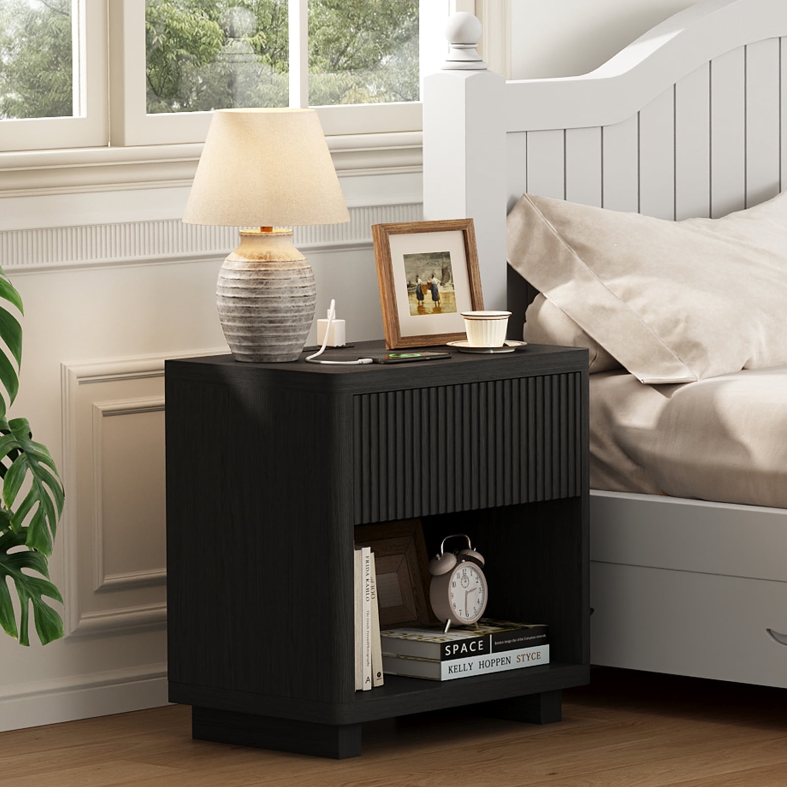 IDEALSOUL Nightstand Set of 2, 24inch Fluted Bedside Table with Charging Station, End Table with open Storage, Large Wooden Night Stands Bedside for Bedroom Living Room(2pcs, Black)