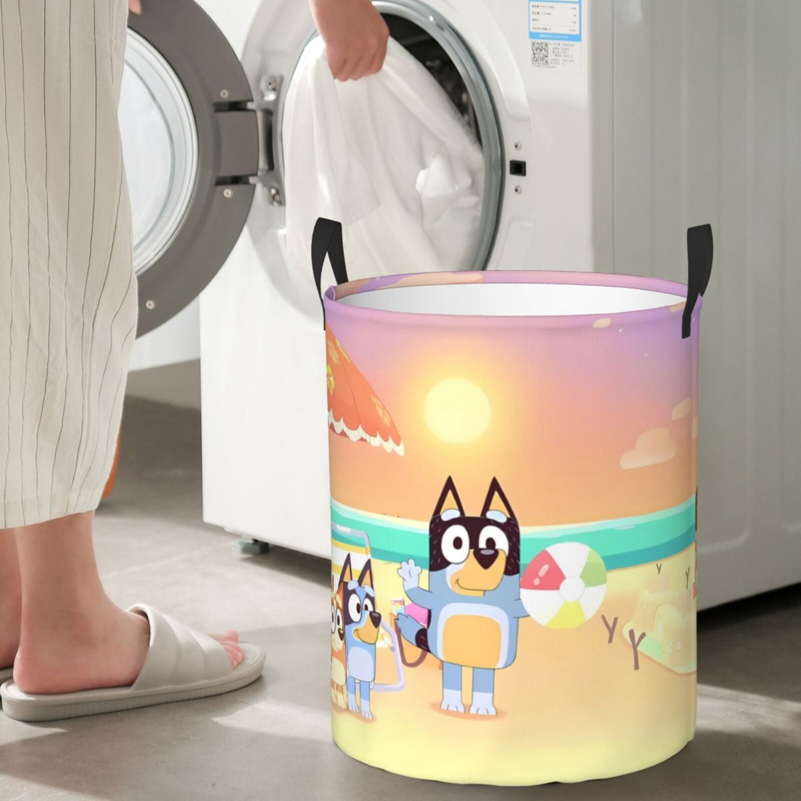 Silaia Bluey Print Round Laundry Clothes Hamper,Laundry Basket with Handles,Baby Toys Storage Organizer,Bins Laundry Basket for Bathroom, Bedroom Decorate-Small