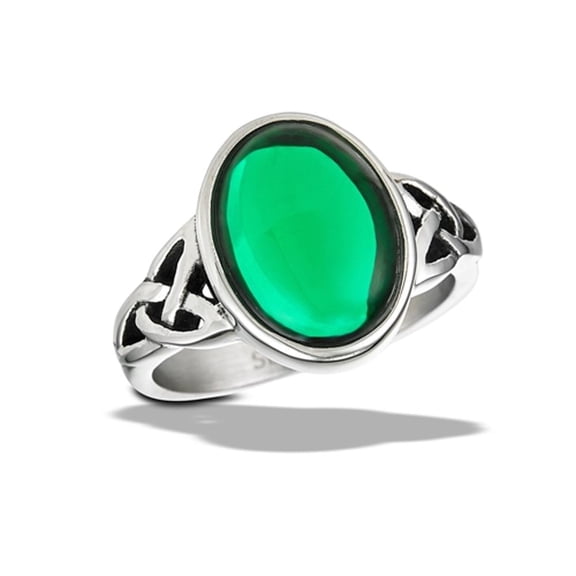 Simulated Emerald Cabochon Ring Triquetras Stainless Steel Band Green CZ Jewelry Female Size 6