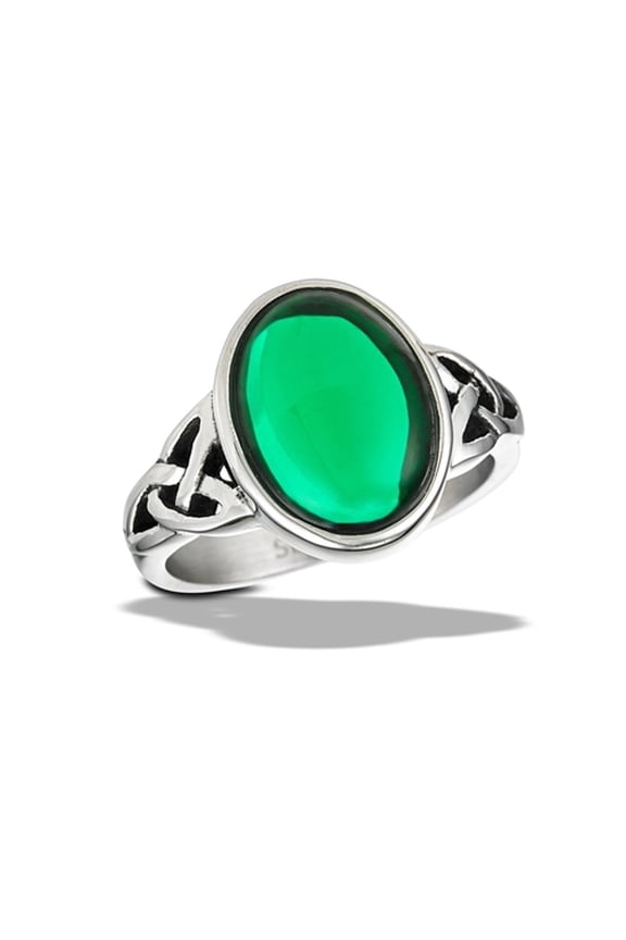 Simulated Emerald Cabochon Ring Triquetras Stainless Steel Band Green CZ Jewelry Female Size 8
