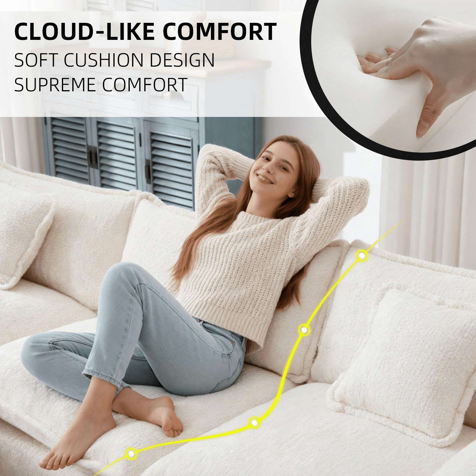 GNIXUU 112" Oversized Sectional Sofa Cloud Couch for Living Room, Modern Chenille L Shaped Couch, Comfy Boucle Modular Sofa Sleeper with Moveable Ottoman & Memory Foam (Beige)