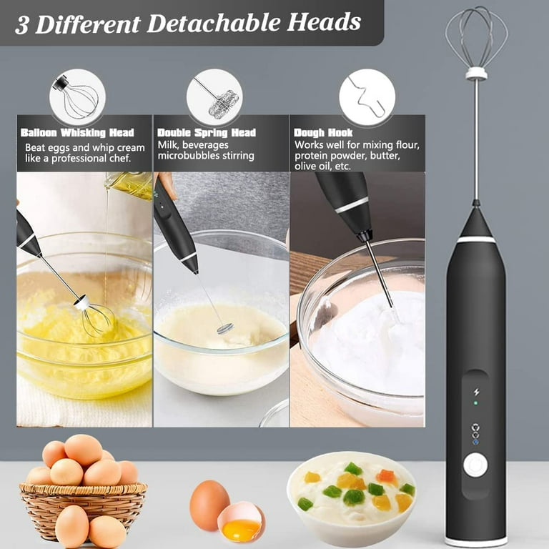 1 Milk Frother Handheld With 3 Heads, Electric Whisk Drink Foam