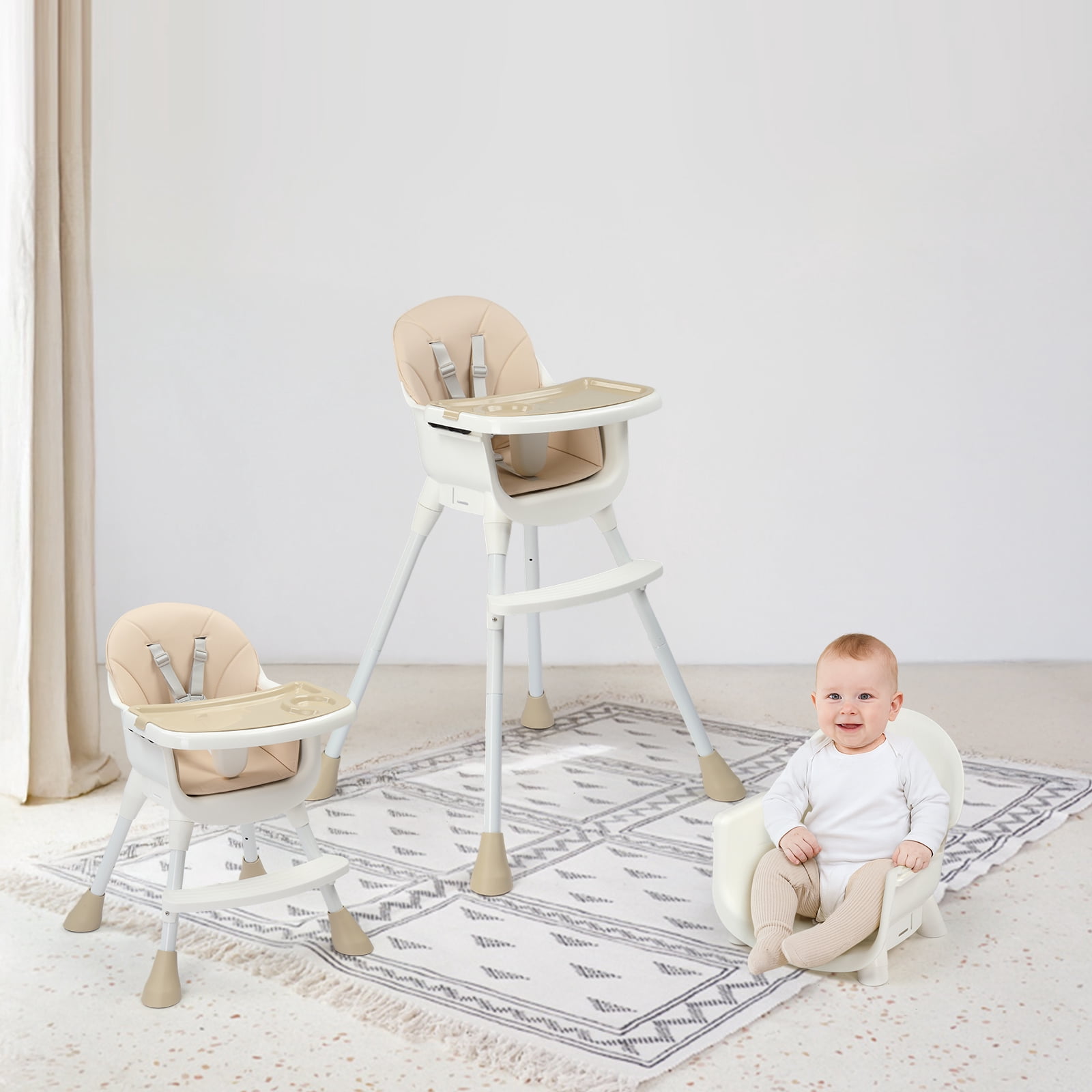Ktaxon Baby High Chair, Convertible 3 in 1 High Chairs for Babies and Toddlers, Baby Highchair with 5-Point Safety Harness, Adjustable Dining Tray, Beige