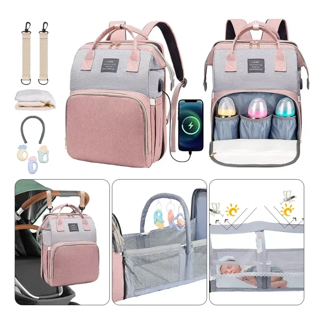Pañalera Mochila Impermeable Usb Cargo Mosquitero Y Juguete Pamolo Multifunción