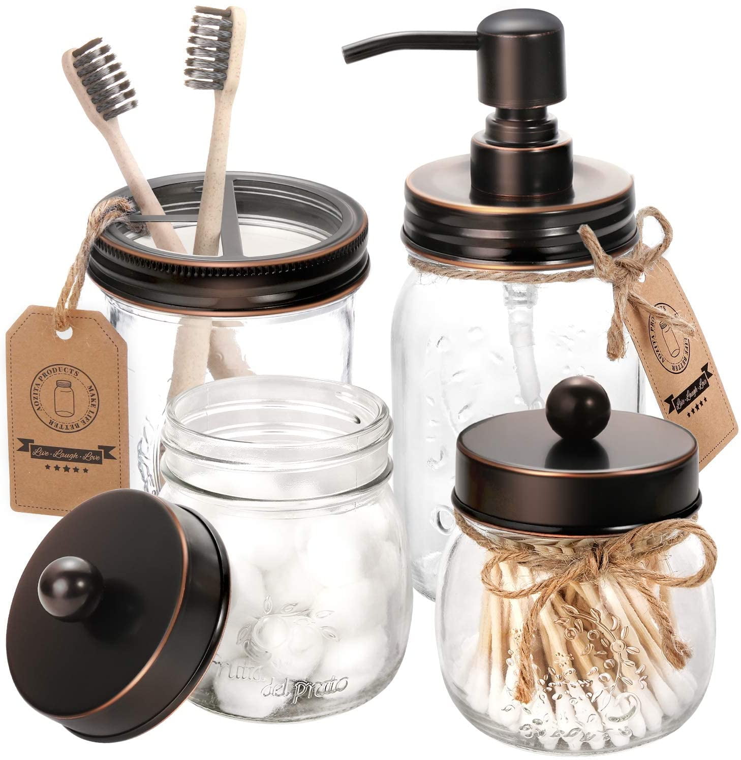 DecorX Mason Jar Bathroom Accessories Set 4 - Oil Rubbed Bronze - Mason Jar Soap Dispenser & 2 ...