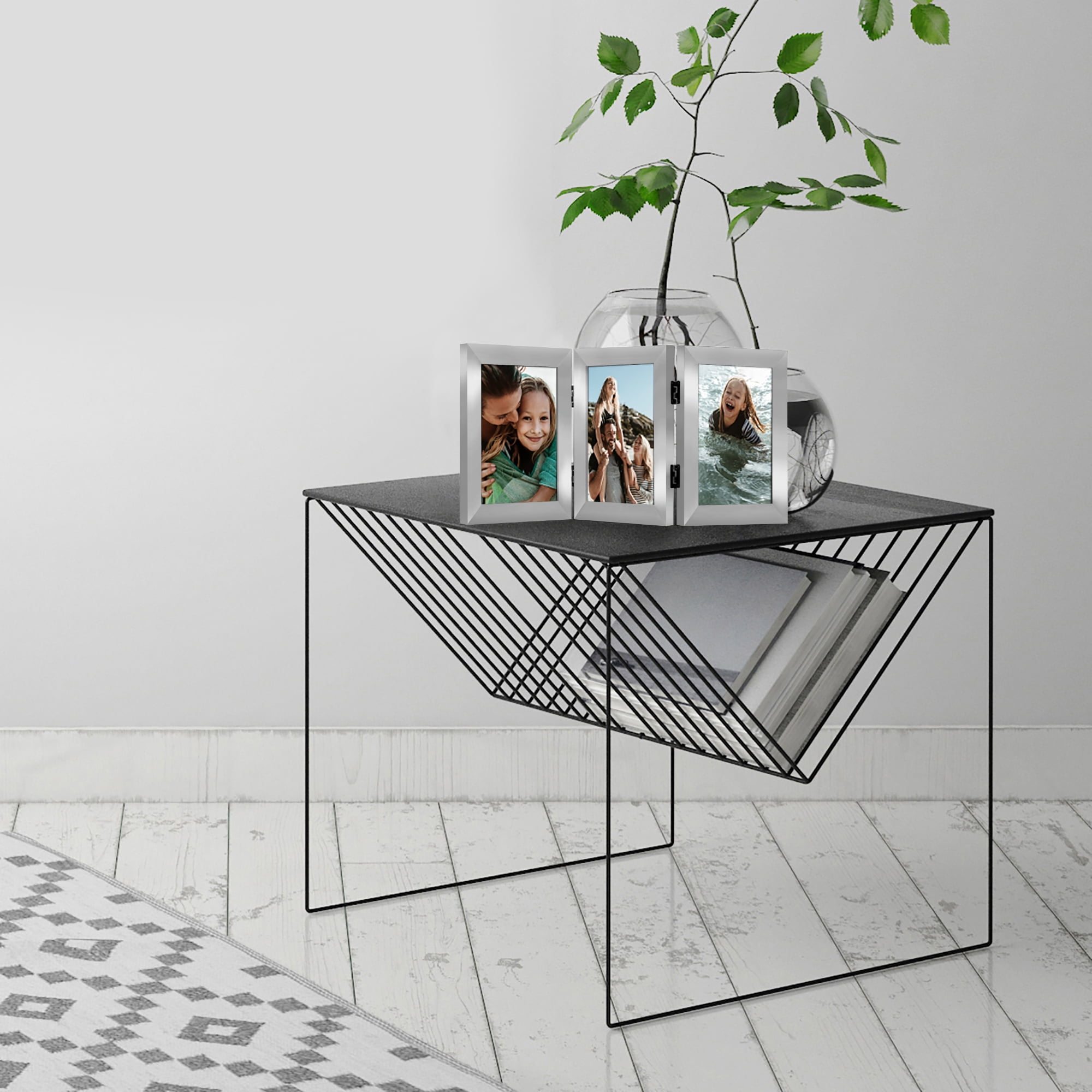 Americanflat Hinged 3 Photo Frame in Nickel Color MDF - Desk Photo Frame for 4X6" Photos - Tri Folding Picture Frame For Desk - Displays 3 Photos with Shatter-Resistant Glass Covers